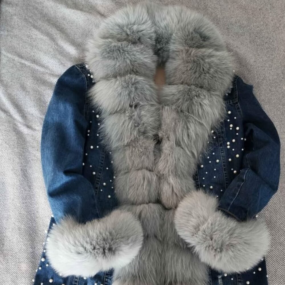 Stunning  Pearl & Real Fox Fur Trim Denim Jacket – 2-in-1 Design!